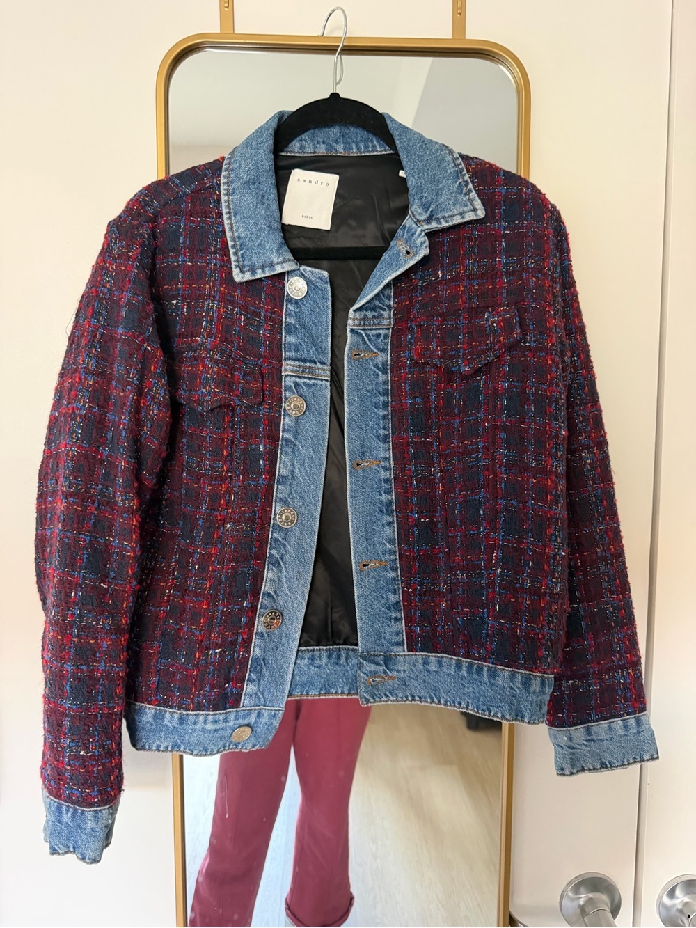 Sandro Mixed Tweed & Denim Jacket - Burgundy & Blue